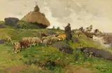 Hugo Mühlig, Schäfer mit Herde auf dem Heimweg