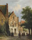 Adrianus Eversen, Belebte Strassenszene in einem holländischen Städtchen [Zonnig straatje]