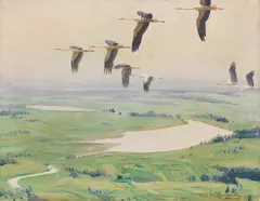 Karl Ewald Olszewski, Ziehende Störche, Anfang 1900, Oil on canvas