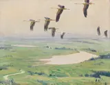 Karl Ewald Olszewski, Ziehende Störche, Anfang 1900, Oil on canvas