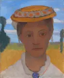 Paula Modersohn-Becker, Kopf der Schwester Herma mit Marienblümchenkranz auf dem Hut, Um 1901, Oil on canvas, laid down on board