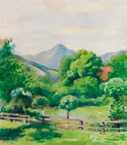 August Macke, Garten in Tegernsee mit Haus und Berg