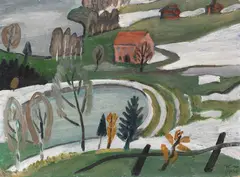 Gabriele Münter, See und Weiher (mit rosa Haus) bei Tauwetter, 1934, Oil on cardboard