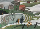 Gabriele Münter, See und Weiher (mit rosa Haus) bei Tauwetter, 1934, Oil on cardboard