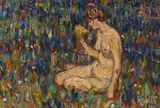 Christian Rohlfs, Frauenakt mit gelbem Blumenstrauß (Mädchen auf der Wiese)