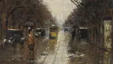 Lesser Ury, Straßenszene bei Regen, Berlin, 1926, Oil on cardboard on panel