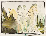 Otto Mueller, Badende an den Moritzburger Seen / Sechs Mädchenakte am Strand, Um 1913, Watercolor and India ink