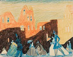 Untitled (Promenade) by Lyonel Feininger, Ca. 1908, Colored crayon drawing and India ink, sold Dec 2019