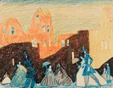 Lyonel Feininger, Untitled (Promenade), Ca. 1908, Colored crayon drawing and India ink