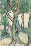 Otto Mueller, Wald/Landschaft mit Bäumen im Vordergrund, Um 1924, Colored chalk drawing and watercolor