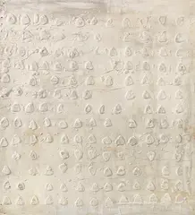 Reliefbild by Herbert Zangs, 1970, Mixed media. White paint with additive on fiber..., sold Dec 2019