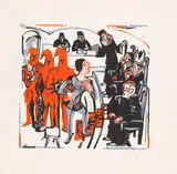 Gerichtsszene aus Shaw?s heiliger Johanna by Ernst Ludwig Kirchner, 1925, Woodcut in colors, sold Dec 2019