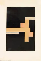 Walter Dexel, Entwurf zu II: Figuration in Weiß auf Schwarz mit zwei roten Quadraten, 1926, Collage. Different types of paper on light board