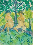 Otto Mueller, Zwei Mädchenakte, Wohl um 1925, Blue oil chalks and Watercolor