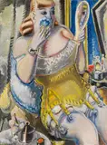 Paul Kleinschmidt, Dirne, sich pudernd, in gelbem Korsett, 1938, Oil on canvas