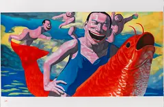 Floating Clouds by Yue Minjun, 2009, Lithograph in colors, sold Dec 2019
