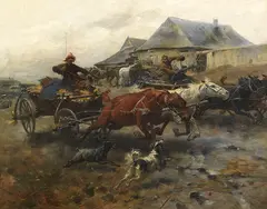Józef Brandt, Dahinjagende Fuhrwerke (Heimkehr vom Markt), Ca. 1905, Oil on canvas