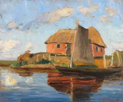 Fritz Overbeck, Hammehütte mit Torfkahn, Um 1900, Oil on cardboard