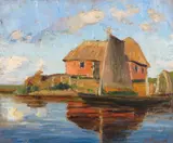 Fritz Overbeck, Hammehütte mit Torfkahn, Um 1900, Oil on cardboard