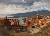 Carl Wuttke, Blick vom antiken Theater in Taormina auf den Ätna, 1883, Oil on paper on board