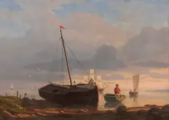 Anton Melbye, Fischerboote am Strand im Abendlicht, 1847, Oil on panel