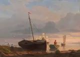 Anton Melbye, Fischerboote am Strand im Abendlicht, 1847, Oil on panel
