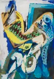 Ernst Wilhelm Nay, Blaue Sitzende mit Spiegel I, 1947, Gouache
