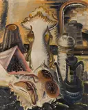 Paul Kleinschmidt, Stillleben mit Kaffeekanne, Korinthen und Obst, 1931, Oil on canvas