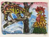 Otto Dix, Katze und Hahn, 1966, Gouache over lithograph