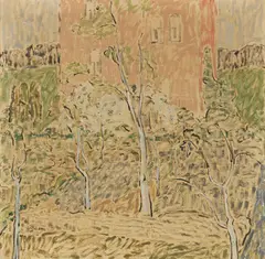 Bruno Goller, Haus Jost und Garten, 1922, Mixed media on canvas. Oil and black chalks