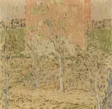 Bruno Goller, Haus Jost und Garten, 1922, Mixed media on canvas. Oil and black chalks