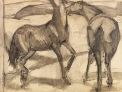 Franz Marc, Zwei Pferde. Verso: Zwei stehende Mädchenakte mit grünem Stein, 1910/11, Charcoal, India ink and wash on board. Verso: O...