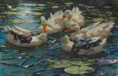 Alexander Koester, Fünf bunte Enten in blauem Seerosenwasser, Um 1909/1913, Pastel on paper, laid on board
