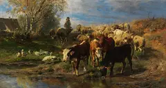 Hirtenmädchen mit Rindern, Schafen und Gänsen by Anton Braith, 1877, Oil on canvas, sold May 2019