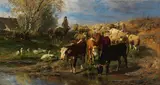 Anton Braith, Hirtenmädchen mit Rindern, Schafen und Gänsen, 1877, Oil on canvas