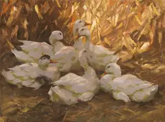 Alexander Koester, Sechs Enten im Stroh, Um 1900, Pastel on paper, laid on board