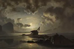 Knud Baade, Schiffswrack bei Mondschein an der Küste, 1869, Oil on canvas