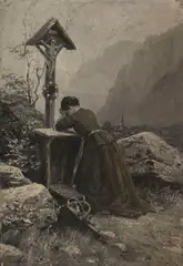 Alexander Koester, Mädchen am Marterl, Ca. 1890/1898, Oil on canvas, aufgezogen auf Karton