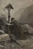 Alexander Koester, Mädchen am Marterl, Ca. 1890/1898, Oil on canvas, aufgezogen auf Karton