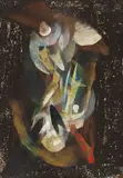Fritz Winter, Triebkräfte der Erde, 1944, Öl auf dünnem Transparentpapier, an den Ecken fest ins Passepartout montiert