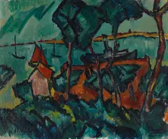 Otto Beyer, Boote und Dampfer im Kurischen Haff (Nidden), 1919, Oil on canvas