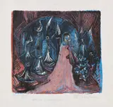 Der Mann mit dem zweischneidigen Schwert. - Vision der sieben Leuchter by Ernst Ludwig Kirchner, 1918, Woodcut in colors, sold Dec 2018