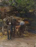 Heinrich von Zügel, Eselfuhrwerk beim Anschirren