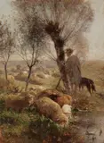 Heinrich von Zügel, Schäfer mit Hund und Herde unter Weidenbäumen am Wasser
