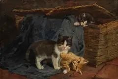 Julius Anton Adam, Drei Katzenkinder, 1887, Oil on panel