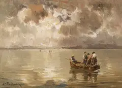 Aufziehendes Gewitter über dem Chiemsee by Josef Wopfner, Um 1900, Oil on panel, sold Nov 2018