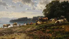 Friedrich Voltz, Kühe am Seeufer, Wohl um 1870, Oil on cardboard