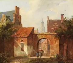 Cornelis Springer, Holländisches Städtchen mit Torbogen, Wohl um 1860, Oil on panel