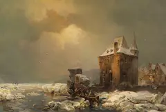Eisfischer am Wasserschloss by Carl Hilgers, Um 1886, Oil on panel, sold Nov 2018