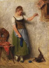 Mädchen mit Katze by Hugo Kauffmann, 1890, Oil on panel, sold Nov 2018